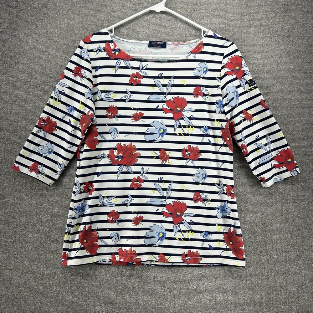 Saint James Garde Cote lll Top 3/4 Sleeve Women Size 10 White Red Floral